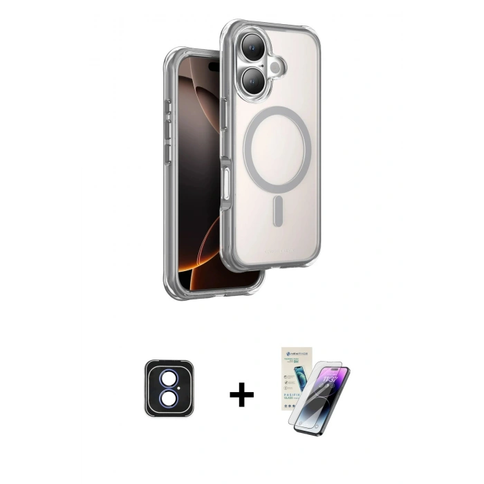 MARSİLYAN™- iPhone 16 Kılıf Zirve Klasik Prime - Şeffaf Pasifik Cam Ekran Koruyucu + PVD Metal Kamera Lens - MI