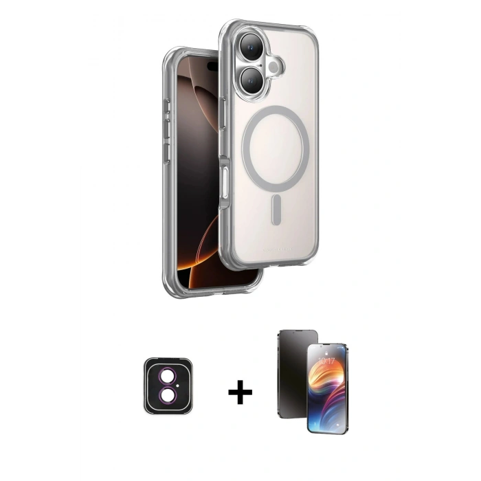 MARSİLYAN™- iPhone 16 Kılıf Zirve Klasik Prime - Siyah 3D Antistatik Mat Seramik Nano Ekran Koruyucu + PVD Metal Kamera Lens - PE