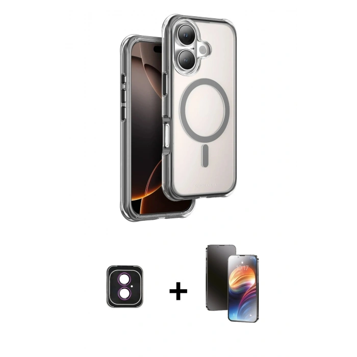 MARSİLYAN™- iPhone 16 Kılıf Zirve Klasik Prime - Siyah 3D Antistatik Mat Seramik Nano Ekran Koruyucu + PVD Metal Kamera Lens - PE