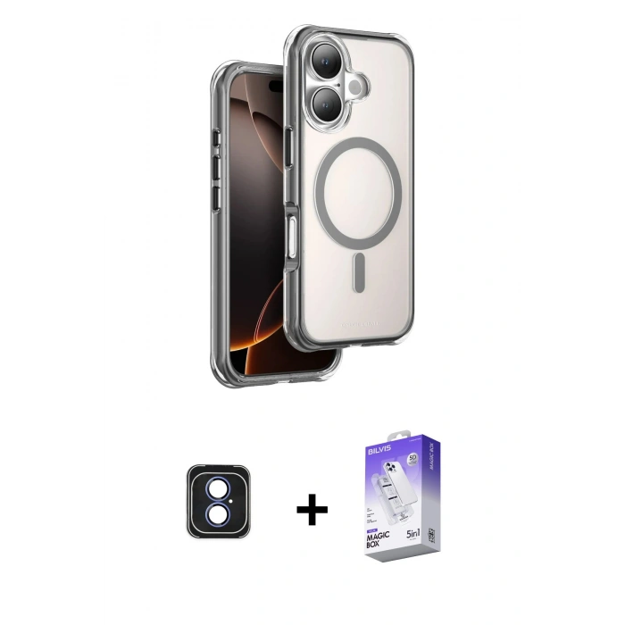 MARSİLYAN™- iPhone 16 Kılıf Zirve Klasik Prime - Siyah Bilvis 5in1 3D Magic Cam Ekran Koruyucu + PVD Metal Kamera Lens - MI