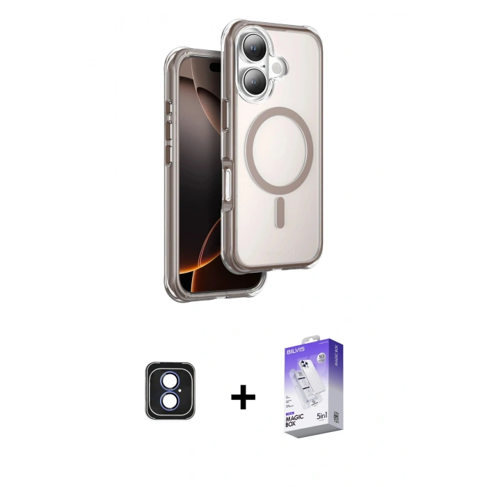 MARSİLYAN™- iPhone 16 Kılıf Zirve Klasik Prime - Siyah Bilvis 5in1 3D Magic Cam Ekran Koruyucu + PVD Metal Kamera Lens - MI