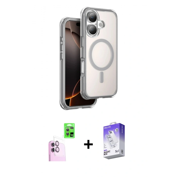 MARSİLYAN™- iPhone 16 Kılıf Zirve Klasik Prime - Siyah Bilvis 5in1 3D Magic Cam Ekran Koruyucu + Raze Metal Kamera Lens - PE