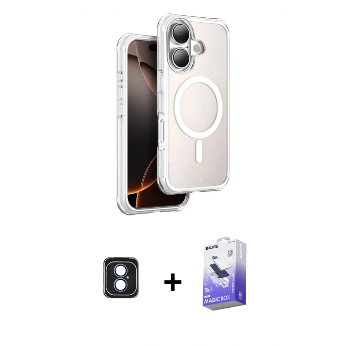 MARSİLYAN™- iPhone 16 Kılıf Zirve Klasik Prime - Siyah Bilvis 5in1 5D Magic Hayalet Cam Ekran Koruyucu + PVD Metal Kamera Lens - MI