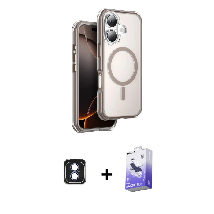 MARSİLYAN™- iPhone 16 Kılıf Zirve Klasik Prime - Siyah Bilvis 5in1 5D Magic Hayalet Cam Ekran Koruyucu + PVD Metal Kamera Lens - MI