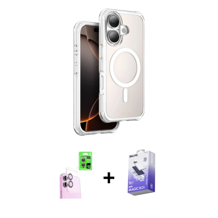 MARSİLYAN™- iPhone 16 Kılıf Zirve Klasik Prime - Siyah Bilvis 5in1 5D Magic Hayalet Cam Ekran Koruyucu + Raze Metal Kamera Lens - PE