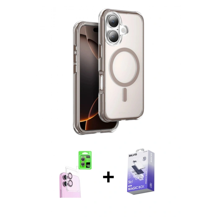 MARSİLYAN™- iPhone 16 Kılıf Zirve Klasik Prime - Siyah Bilvis 5in1 5D Magic Hayalet Cam Ekran Koruyucu + Raze Metal Kamera Lens - PE