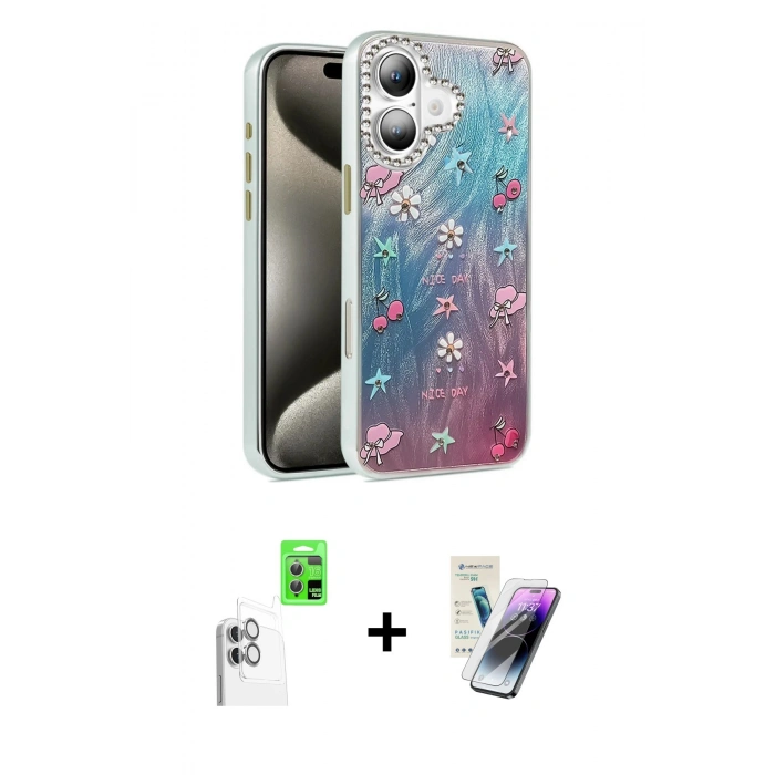 MARSİLYAN™- iPhone 16 Kılıf Zirve Modern Prime - Şeffaf Pasifik Cam Ekran Koruyucu + Raze Metal Kamera Lens - BZ