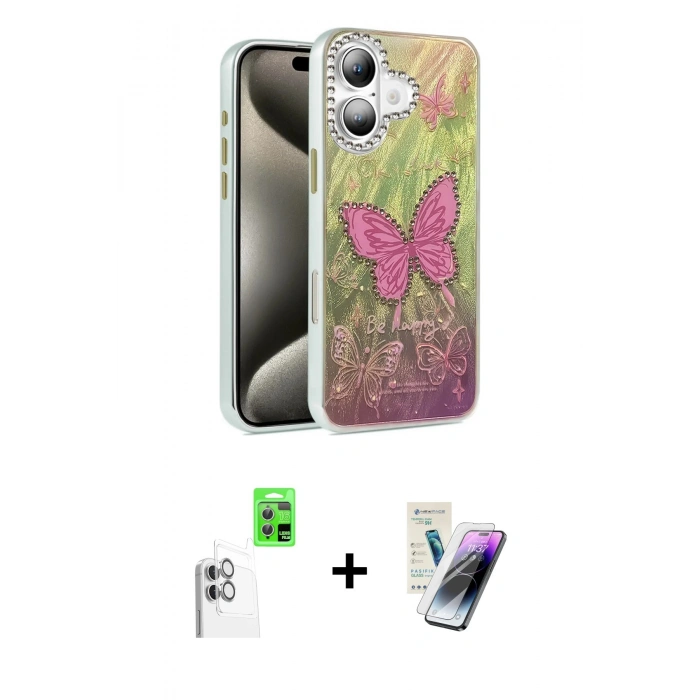 MARSİLYAN™- iPhone 16 Kılıf Zirve Modern Prime - Şeffaf Pasifik Cam Ekran Koruyucu + Raze Metal Kamera Lens - BZ