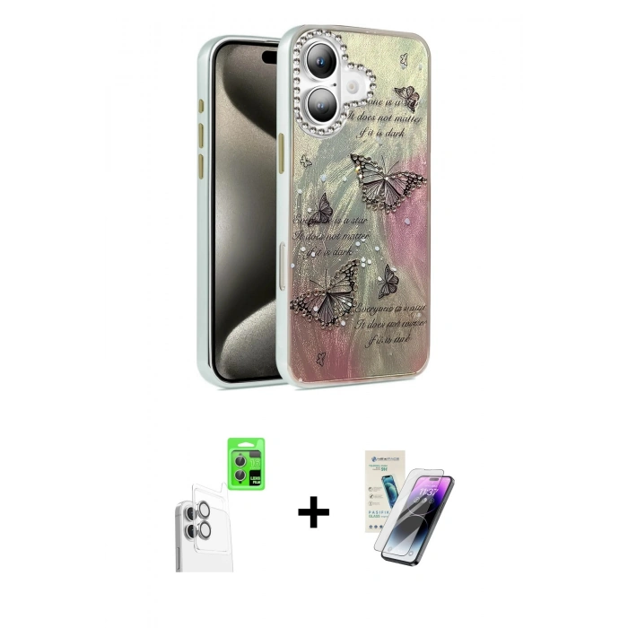 MARSİLYAN™- iPhone 16 Kılıf Zirve Modern Prime - Şeffaf Pasifik Cam Ekran Koruyucu + Raze Metal Kamera Lens - BZ