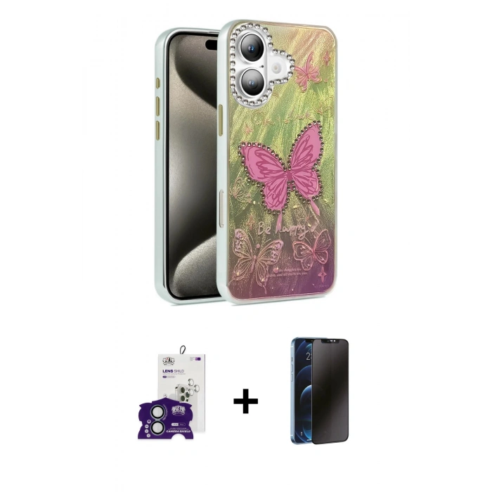 MARSİLYAN™- iPhone 16 Kılıf Zirve Modern Prime - Siyah 3D Antistatik Hayalet Cam Ekran Koruyucu + Bilvis Titan Kamera Lens - YL
