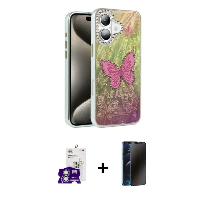 MARSİLYAN™- iPhone 16 Kılıf Zirve Modern Prime - Siyah 3D Antistatik Hayalet Cam Ekran Koruyucu + Bilvis Titan Kamera Lens - GS