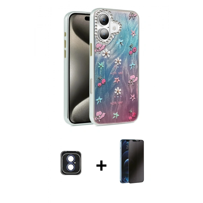 MARSİLYAN™- iPhone 16 Kılıf Zirve Modern Prime - Siyah 3D Antistatik Hayalet Cam Ekran Koruyucu + PVD Metal Kamera Lens - MI
