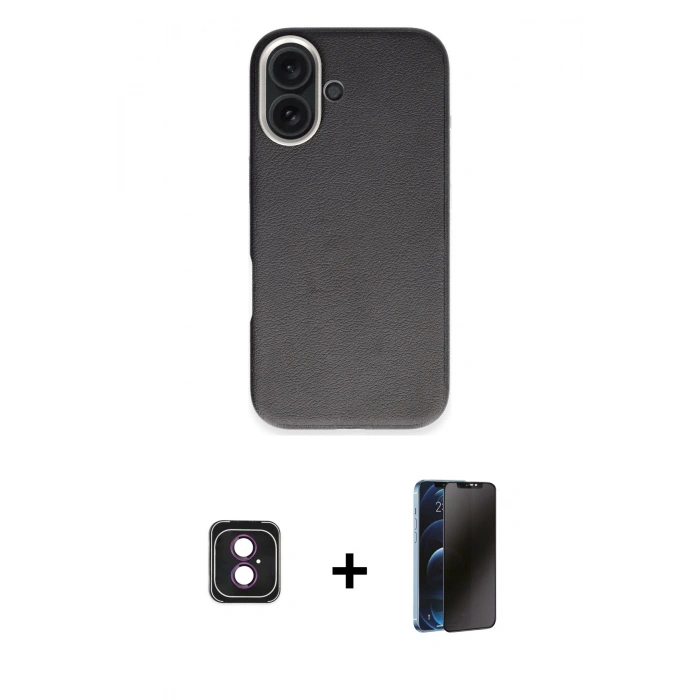 MARSİLYAN™- iPhone 16 Kılıf Zirve Modern Prime - Siyah 3D Antistatik Hayalet Cam Ekran Koruyucu + PVD Metal Kamera Lens - PE