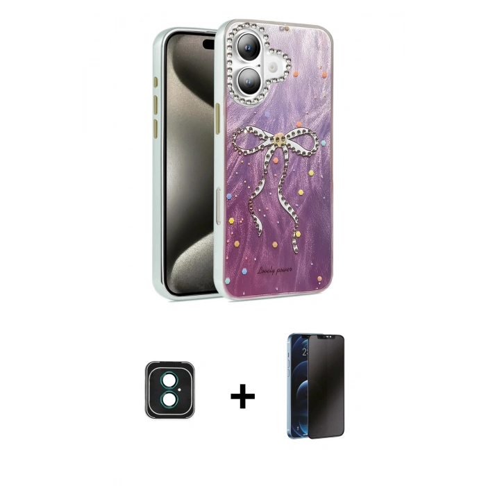 MARSİLYAN™- iPhone 16 Kılıf Zirve Modern Prime - Siyah 3D Antistatik Hayalet Cam Ekran Koruyucu + PVD Metal Kamera Lens - YL