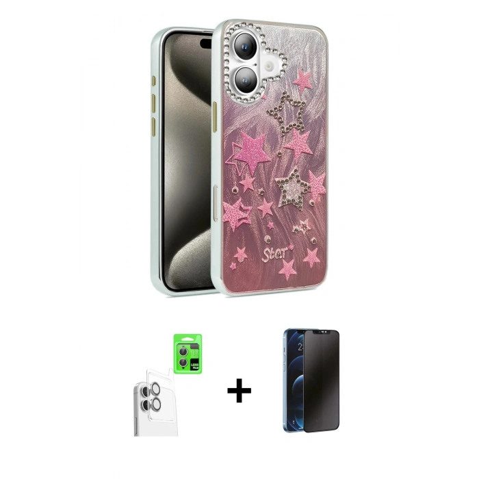 MARSİLYAN™- iPhone 16 Kılıf Zirve Modern Prime - Siyah 3D Antistatik Hayalet Cam Ekran Koruyucu + Raze Metal Kamera Lens - BZ
