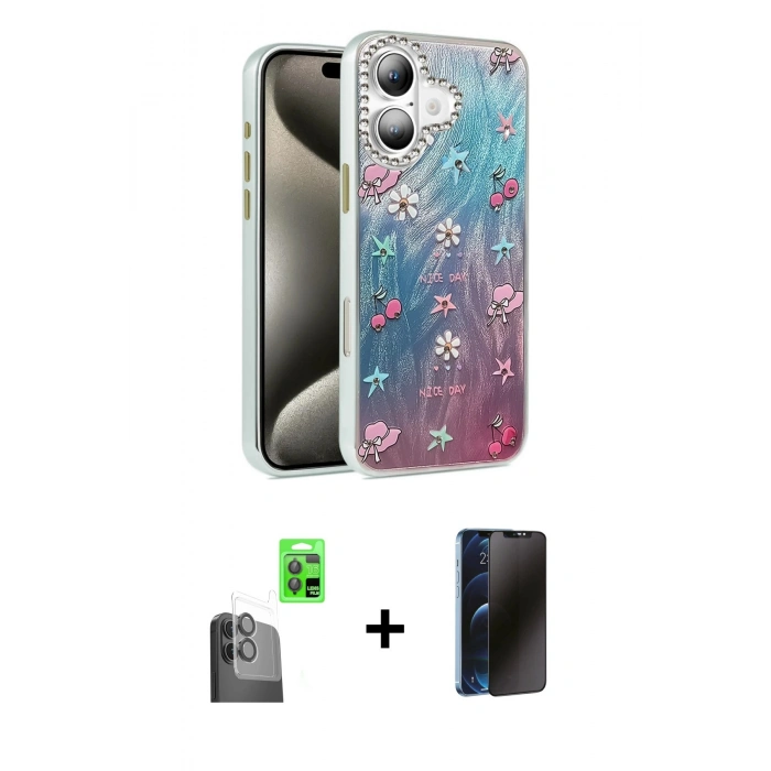 MARSİLYAN™- iPhone 16 Kılıf Zirve Modern Prime - Siyah 3D Antistatik Hayalet Cam Ekran Koruyucu + Raze Metal Kamera Lens - SH