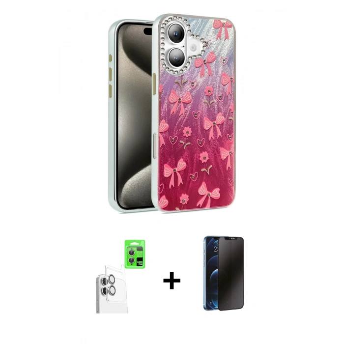 MARSİLYAN™- iPhone 16 Kılıf Zirve Modern Prime - Siyah 3D Antistatik Hayalet Cam Ekran Koruyucu + Raze Metal Kamera Lens - BZ