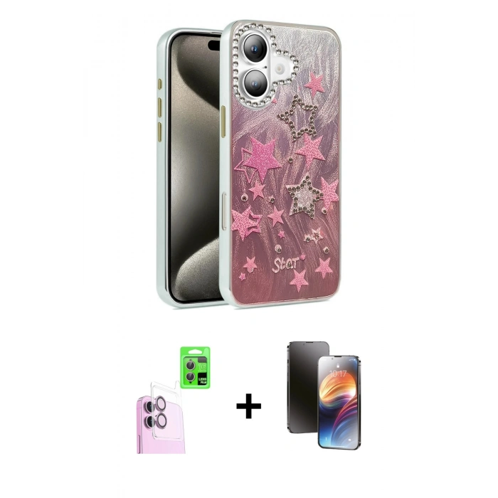 MARSİLYAN™- iPhone 16 Kılıf Zirve Modern Prime - Siyah 3D Antistatik Mat Seramik Nano Ekran Koruyucu + Raze Metal Kamera Lens - PE
