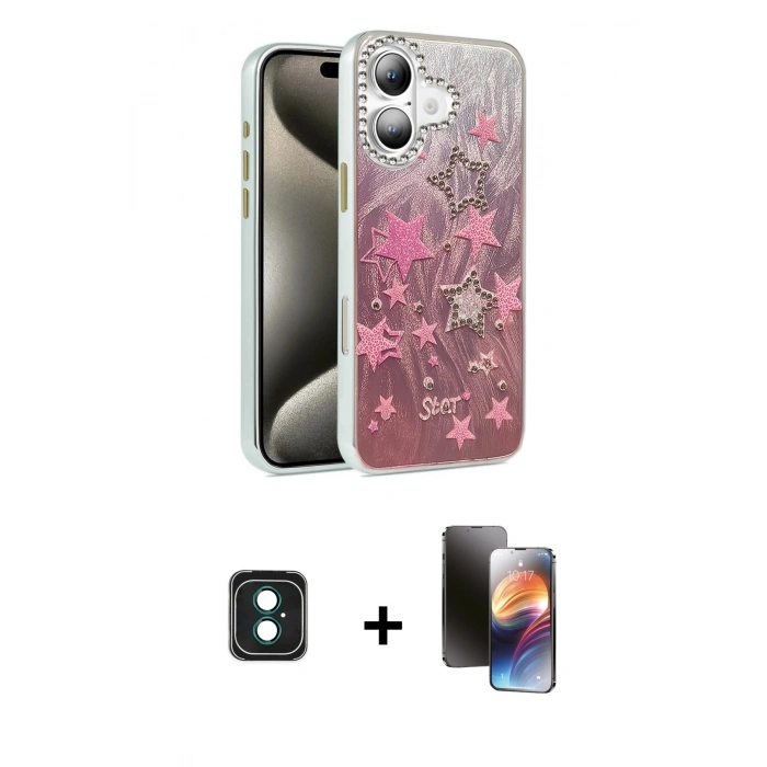 MARSİLYAN™- iPhone 16 Kılıf Zirve Modern Prime - Siyah 3D Antistatik Mat Seramik Nano Ekran Koruyucu + PVD Metal Kamera Lens - YL