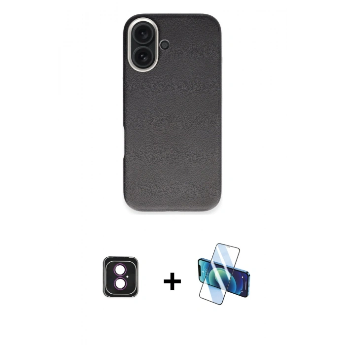 MARSİLYAN™- iPhone 16 Kılıf Zirve Modern Prime - Siyah 3D Antistatik Seramik Nano Ekran Koruyucu + PVD Metal Kamera Lens - PE