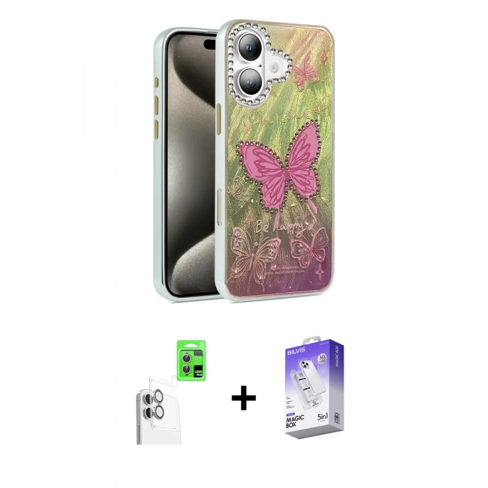 MARSİLYAN™- iPhone 16 Kılıf Zirve Modern Prime - Siyah Bilvis 5in1 3D Magic Cam Ekran Koruyucu + Beyaz Raze Metal Kamera Lens