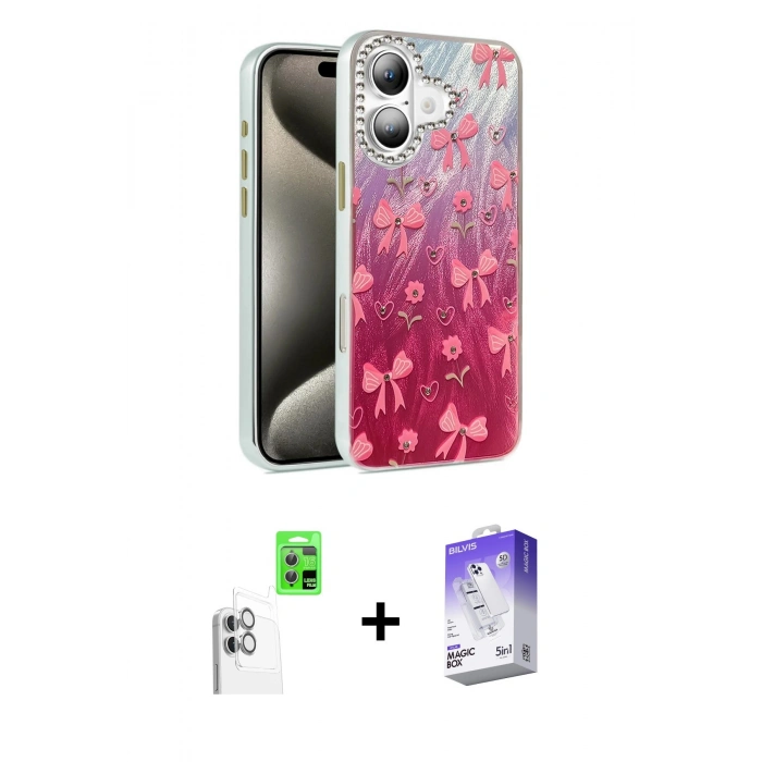 MARSİLYAN™- iPhone 16 Kılıf Zirve Modern Prime - Siyah Bilvis 5in1 3D Magic Cam Ekran Koruyucu + Beyaz Raze Metal Kamera Lens