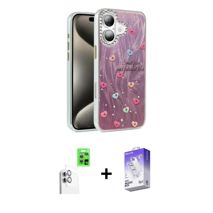 MARSİLYAN™- iPhone 16 Kılıf Zirve Modern Prime - Siyah Bilvis 5in1 3D Magic Cam Ekran Koruyucu + Beyaz Raze Metal Kamera Lens