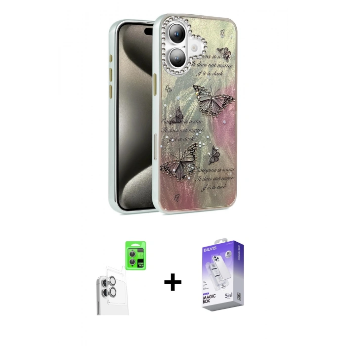 MARSİLYAN™- iPhone 16 Kılıf Zirve Modern Prime - Siyah Bilvis 5in1 3D Magic Cam Ekran Koruyucu + Beyaz Raze Metal Kamera Lens