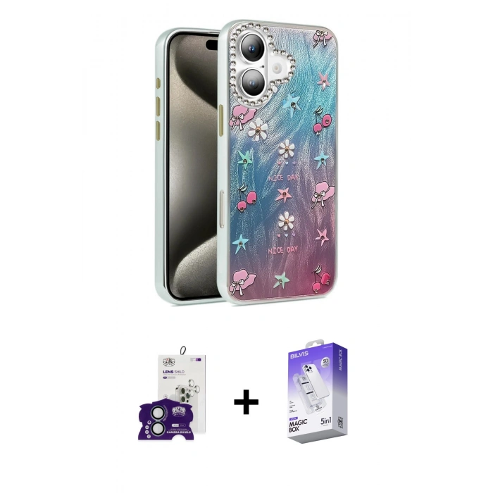MARSİLYAN™- iPhone 16 Kılıf Zirve Modern Prime - Siyah Bilvis 5in1 3D Magic Cam Ekran Koruyucu + Bilvis Titan Kamera Lens - YL