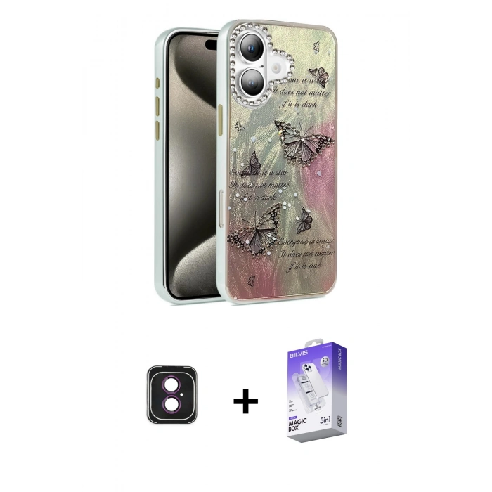 MARSİLYAN™- iPhone 16 Kılıf Zirve Modern Prime - Siyah Bilvis 5in1 3D Magic Cam Ekran Koruyucu + PVD Metal Kamera Lens - PE
