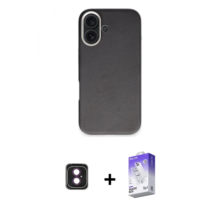 MARSİLYAN™- iPhone 16 Kılıf Zirve Modern Prime - Siyah Bilvis 5in1 3D Magic Cam Ekran Koruyucu + PVD Metal Kamera Lens - PE