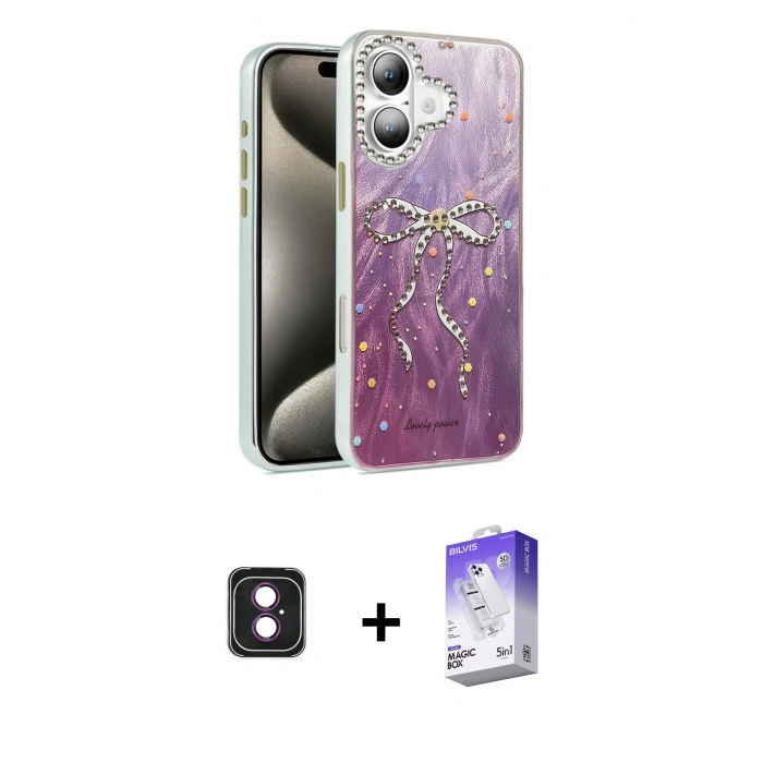 MARSİLYAN™- iPhone 16 Kılıf Zirve Modern Prime - Siyah Bilvis 5in1 3D Magic Cam Ekran Koruyucu + PVD Metal Kamera Lens - PE