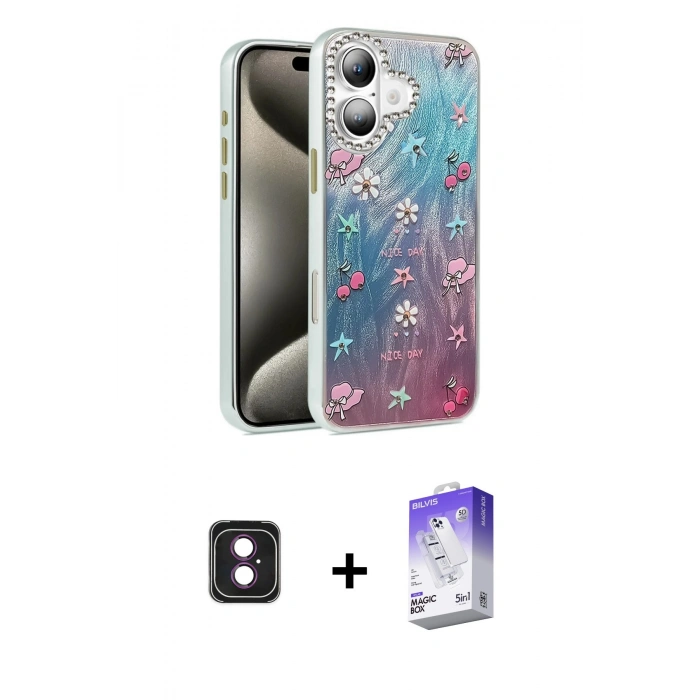 MARSİLYAN™- iPhone 16 Kılıf Zirve Modern Prime - Siyah Bilvis 5in1 3D Magic Cam Ekran Koruyucu + PVD Metal Kamera Lens - PE
