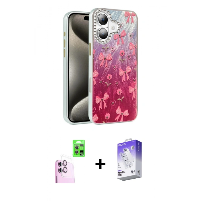 MARSİLYAN™- iPhone 16 Kılıf Zirve Modern Prime - Siyah Bilvis 5in1 3D Magic Cam Ekran Koruyucu + Raze Metal Kamera Lens - PE