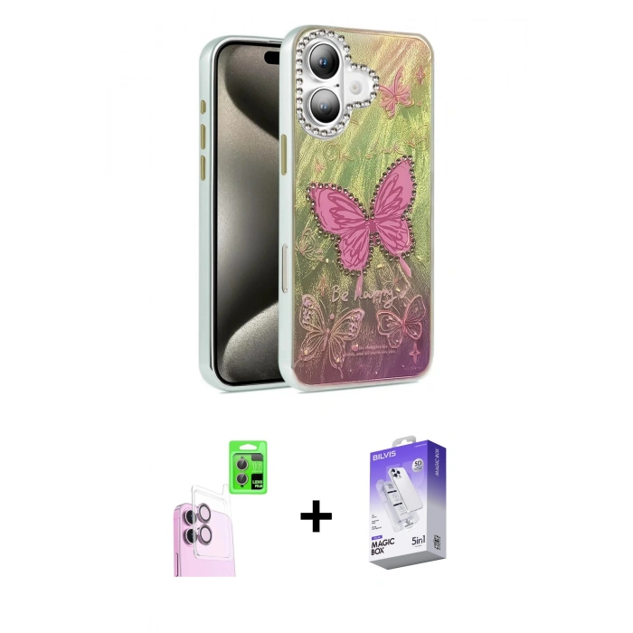 MARSİLYAN™- iPhone 16 Kılıf Zirve Modern Prime - Siyah Bilvis 5in1 3D Magic Cam Ekran Koruyucu + Raze Metal Kamera Lens - PE