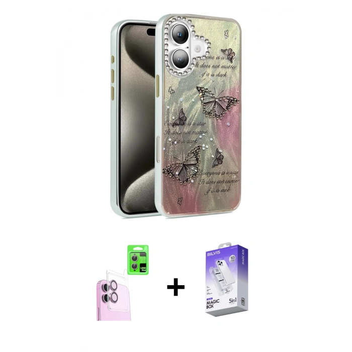MARSİLYAN™- iPhone 16 Kılıf Zirve Modern Prime - Siyah Bilvis 5in1 3D Magic Cam Ekran Koruyucu + Raze Metal Kamera Lens - PE
