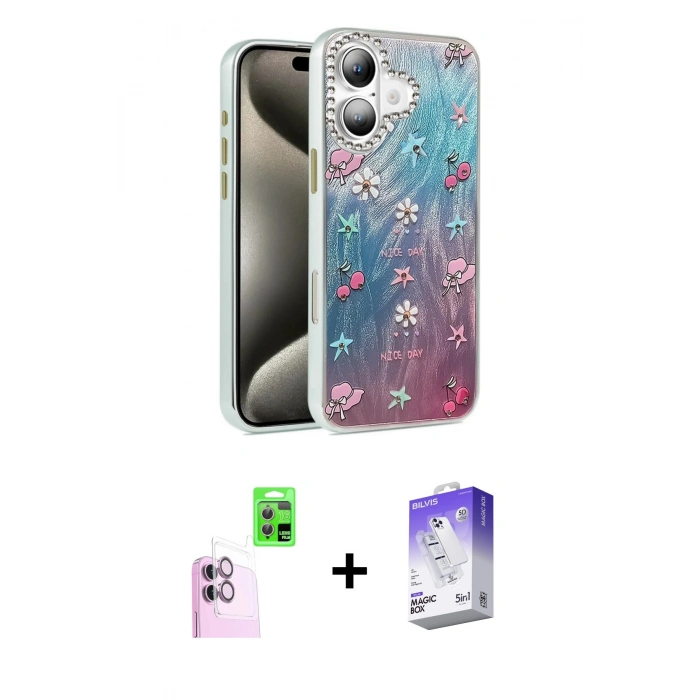MARSİLYAN™- iPhone 16 Kılıf Zirve Modern Prime - Siyah Bilvis 5in1 3D Magic Cam Ekran Koruyucu + Raze Metal Kamera Lens - PE