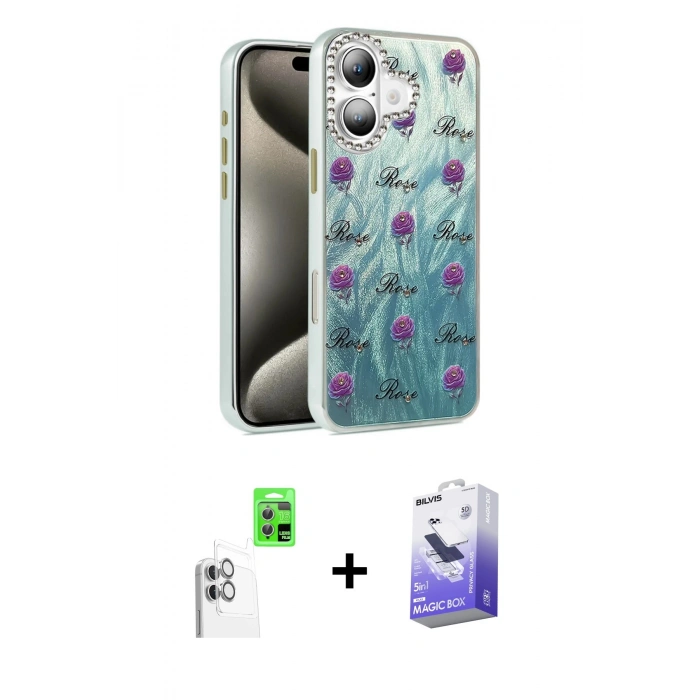 MARSİLYAN™- iPhone 16 Kılıf Zirve Modern Prime - Siyah Bilvis 5in1 5D Magic Hayalet Cam Ekran Koruyucu + Raze Metal Kamera Lens - BZ