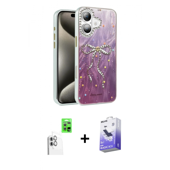 MARSİLYAN™- iPhone 16 Kılıf Zirve Modern Prime - Siyah Bilvis 5in1 5D Magic Hayalet Cam Ekran Koruyucu + Raze Metal Kamera Lens - BZ
