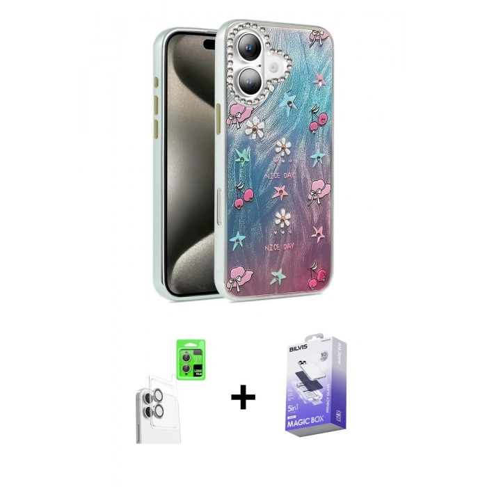 MARSİLYAN™- iPhone 16 Kılıf Zirve Modern Prime - Siyah Bilvis 5in1 5D Magic Hayalet Cam Ekran Koruyucu + Raze Metal Kamera Lens - BZ