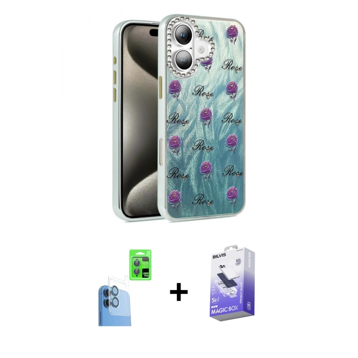 MARSİLYAN™- iPhone 16 Kılıf Zirve Modern Prime - Siyah Bilvis 5in1 5D Magic Hayalet Cam Ekran Koruyucu + Raze Metal Kamera Lens - LT