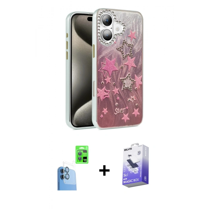MARSİLYAN™- iPhone 16 Kılıf Zirve Modern Prime - Siyah Bilvis 5in1 5D Magic Hayalet Cam Ekran Koruyucu + Raze Metal Kamera Lens - LT