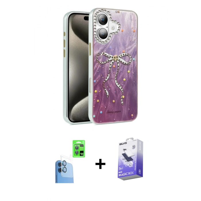 MARSİLYAN™- iPhone 16 Kılıf Zirve Modern Prime - Siyah Bilvis 5in1 5D Magic Hayalet Cam Ekran Koruyucu + Raze Metal Kamera Lens - LT