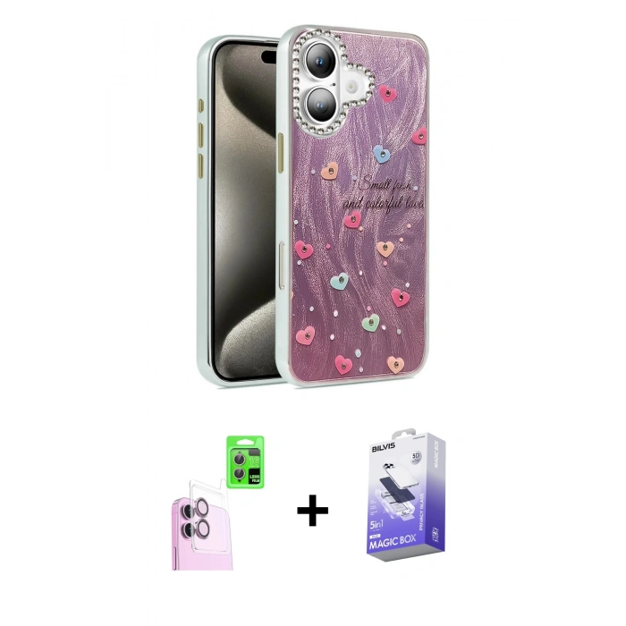 MARSİLYAN™- iPhone 16 Kılıf Zirve Modern Prime - Siyah Bilvis 5in1 5D Magic Hayalet Cam Ekran Koruyucu + Pembe Raze Metal Kamera Lens