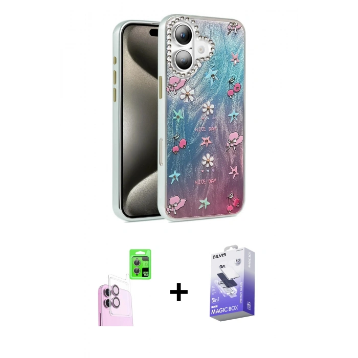 MARSİLYAN™- iPhone 16 Kılıf Zirve Modern Prime - Siyah Bilvis 5in1 5D Magic Hayalet Cam Ekran Koruyucu + Pembe Raze Metal Kamera Lens