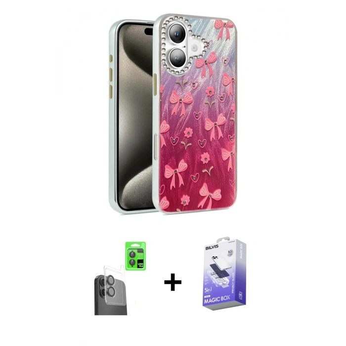 MARSİLYAN™- iPhone 16 Kılıf Zirve Modern Prime - Siyah Bilvis 5in1 5D Magic Hayalet Cam Ekran Koruyucu + Raze Metal Kamera Lens - SH