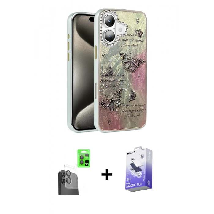 MARSİLYAN™- iPhone 16 Kılıf Zirve Modern Prime - Siyah Bilvis 5in1 5D Magic Hayalet Cam Ekran Koruyucu + Raze Metal Kamera Lens - SH