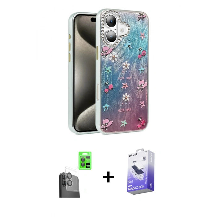 MARSİLYAN™- iPhone 16 Kılıf Zirve Modern Prime - Siyah Bilvis 5in1 5D Magic Hayalet Cam Ekran Koruyucu + Raze Metal Kamera Lens - SH