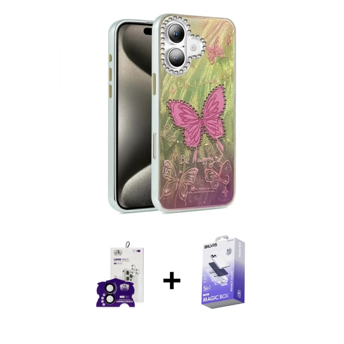 MARSİLYAN™- iPhone 16 Kılıf Zirve Modern Prime - Siyah Bilvis 5in1 5D Magic Hayalet Cam Ekran Koruyucu + Bilvis Titan Kamera Lens - SH