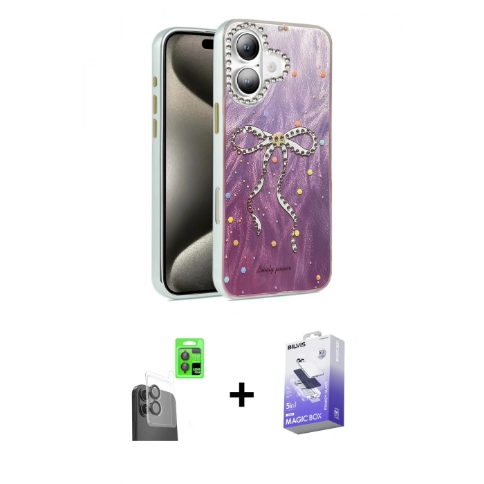 MARSİLYAN™- iPhone 16 Kılıf Zirve Modern Prime - Siyah Bilvis 5in1 5D Magic Hayalet Cam Ekran Koruyucu + Raze Metal Kamera Lens - SH